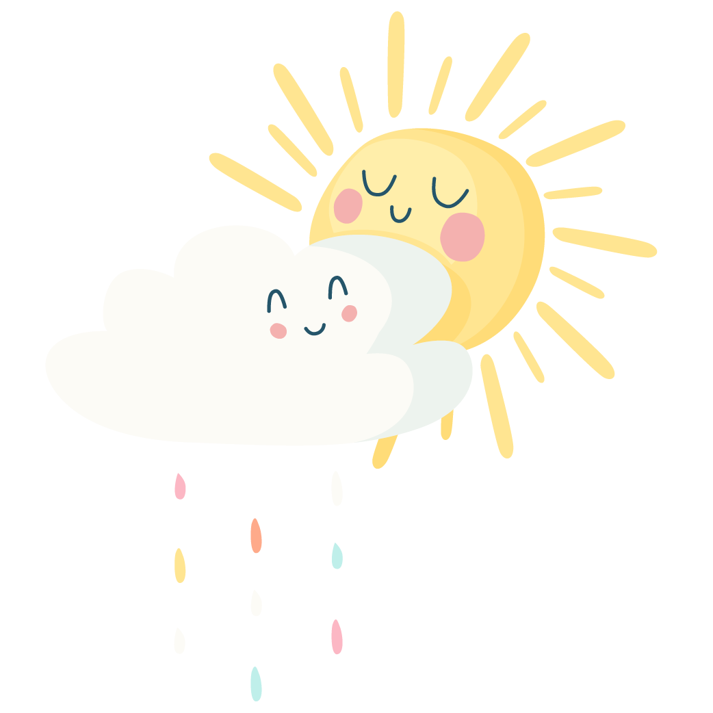 Cute image of a sun and cloud with rainbow droplets.